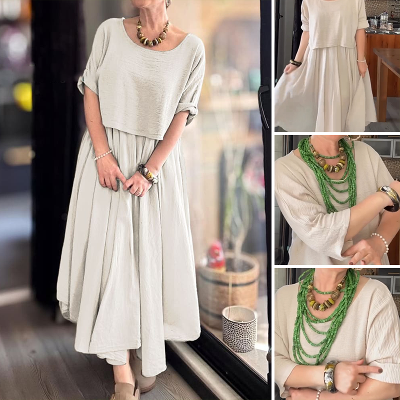 Fiorenza™ - Ensemble deux pièces coton et lin à col rond, chemisier et jupe, pour femmes