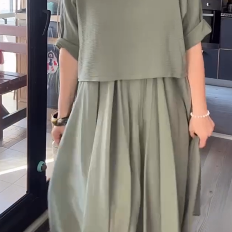 Fiorenza™ - Ensemble deux pièces coton et lin à col rond, chemisier et jupe, pour femmes