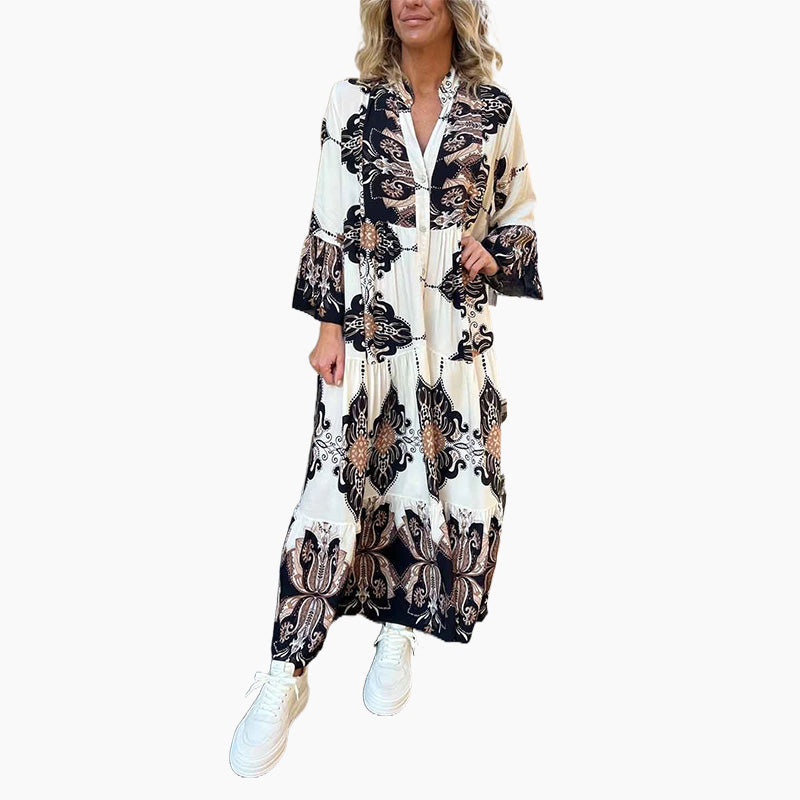 Anirelle - Robe femme élégante imprimée ample fluide col V manches évasées