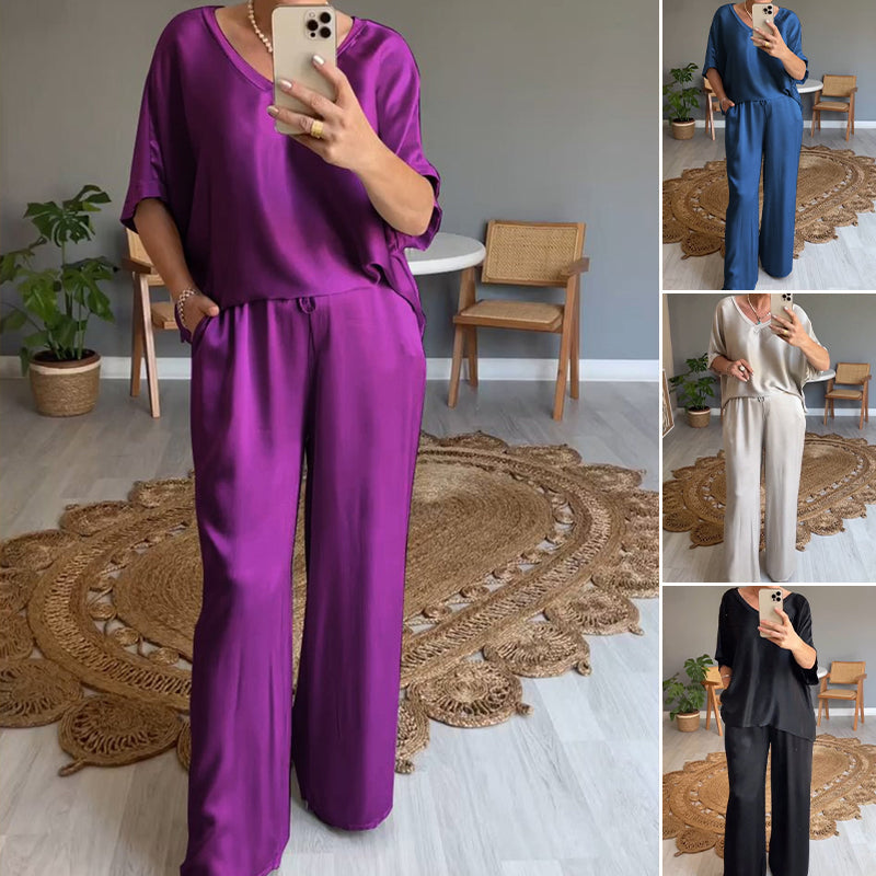 Kavryne™ - Ensemble femme coupe ample taille élastique style satiné élégant