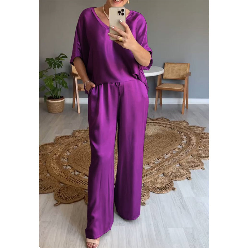 Kavryne™ - Ensemble femme coupe ample taille élastique style satiné élégant