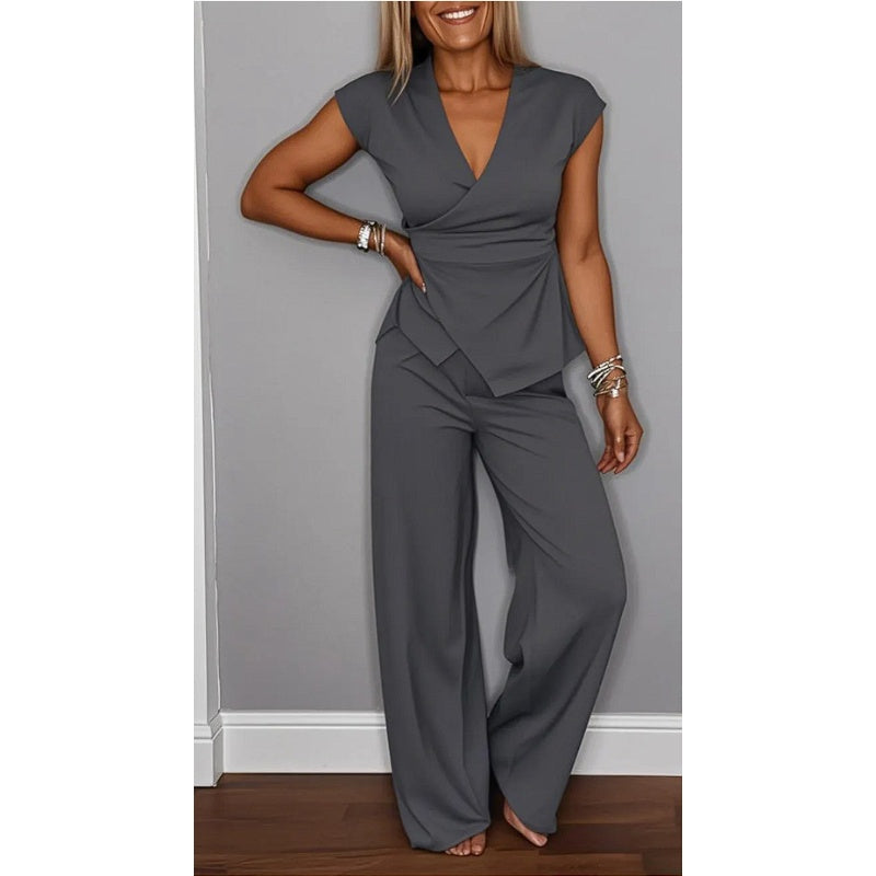 Bovirae™ - Ensemble femme élégant col V pantalon fluide moderne