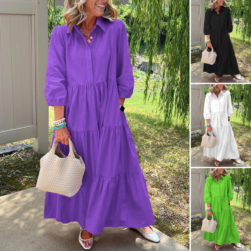 Faelina™ - Robe décontractée pour femmes, coupe ample avec col revers et longueur cheville