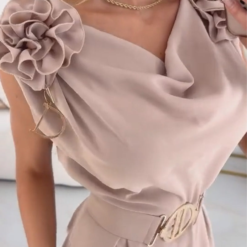 Jasene - Combinaison femme sans manches avec fleurs 3D et ceinture