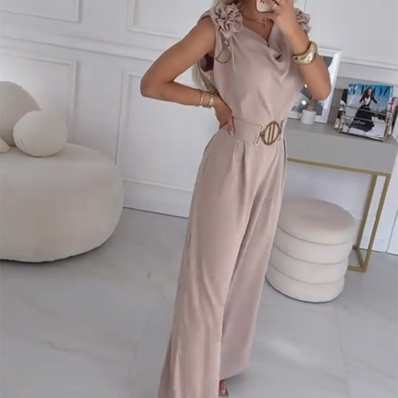 Jasene - Combinaison femme sans manches avec fleurs 3D et ceinture