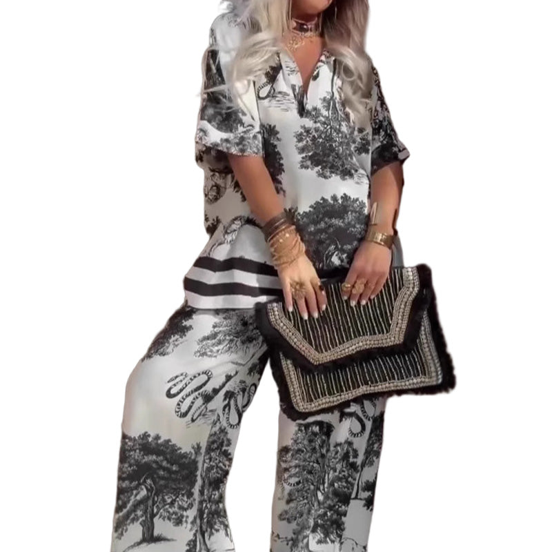 Oralys™ - Ensemble décontracté pour femmes avec haut imprimé à col en V et pantalon long