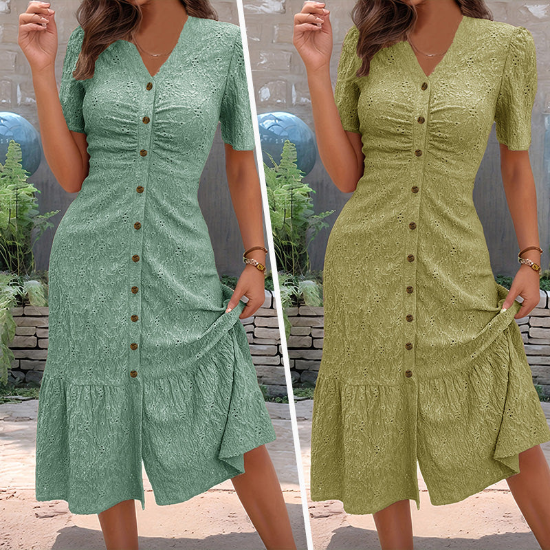 Cyrena - Robe midi femme en dentelle à boutons et manches bouffantes