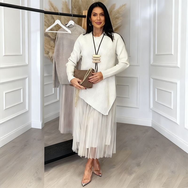 Evelyara - Ensemble Pull Asymétrique et Robe Midi Plissée