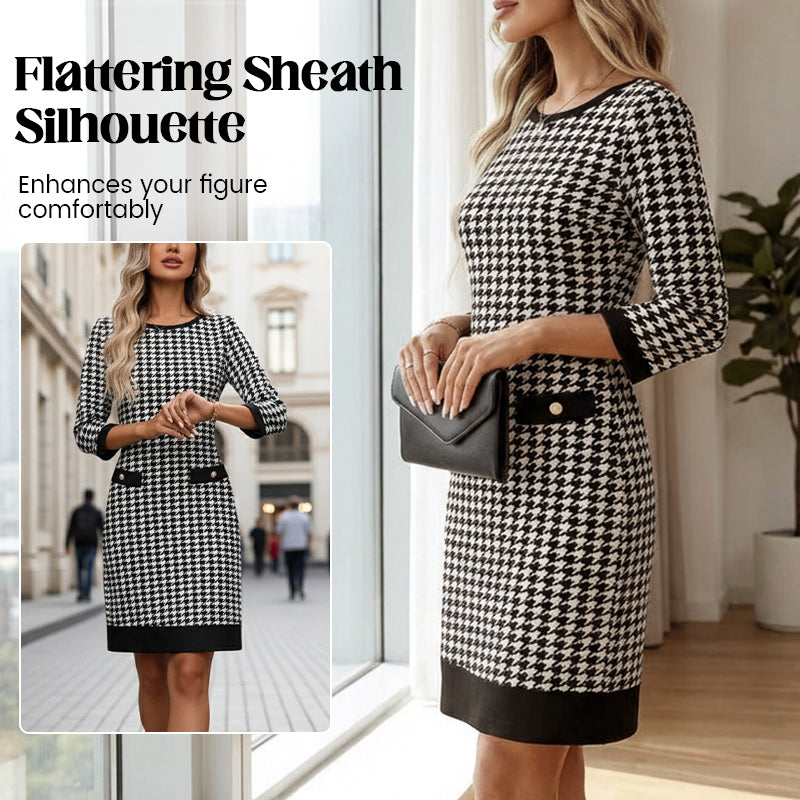 Olyra - Robe Midi Houndstooth Col Rond Élégante