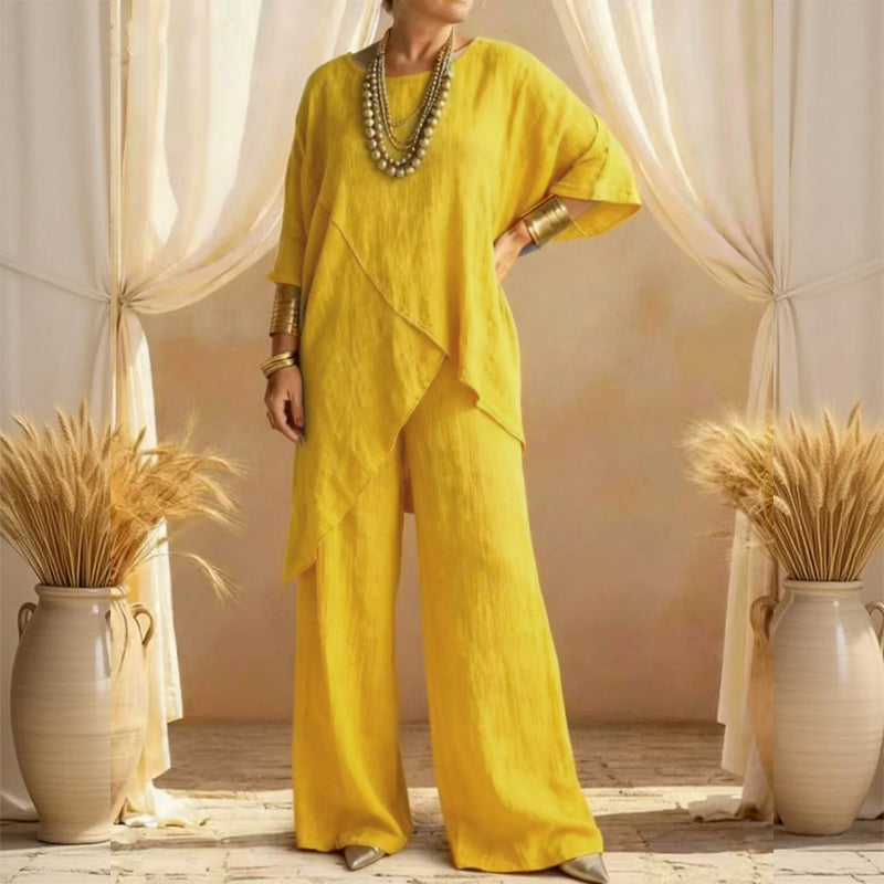 Eliune™ - Ensemble Femme de Deux Pièces Top Asymétrique et Pantalon Large Fluide