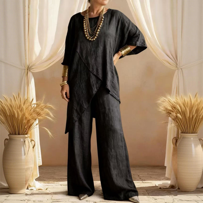 Eliune™ - Ensemble Femme de Deux Pièces Top Asymétrique et Pantalon Large Fluide