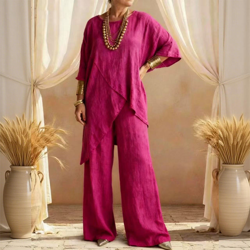 Eliune™ - Ensemble Femme de Deux Pièces Top Asymétrique et Pantalon Large Fluide