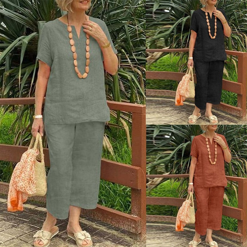 Glynia™ - Ensemble Femme Coton Lin Deux Pièces Col V et Pantalon Fluide