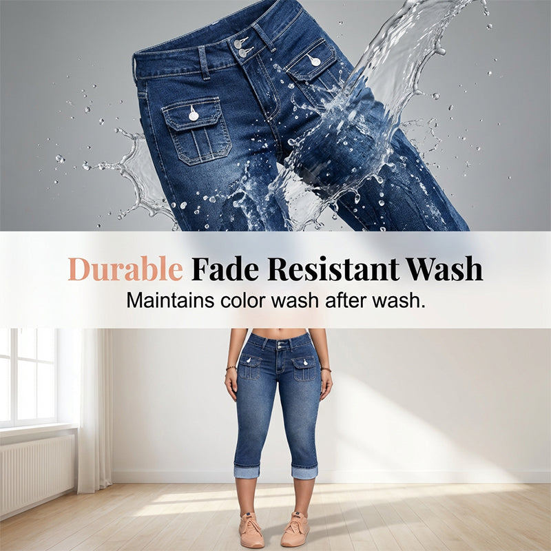 Hovelle™ - Pantalon Femme Capri Denim Stretch Coupe Ajustée Taille Mi Haute