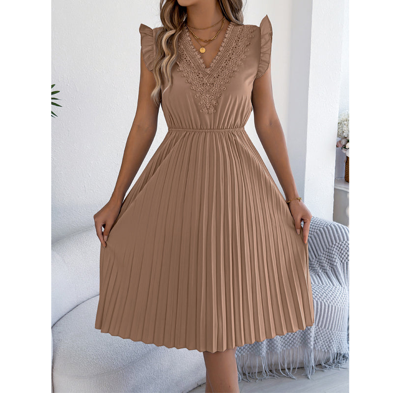 Quorielle - Robe midi femme plissée avec dentelle et col V