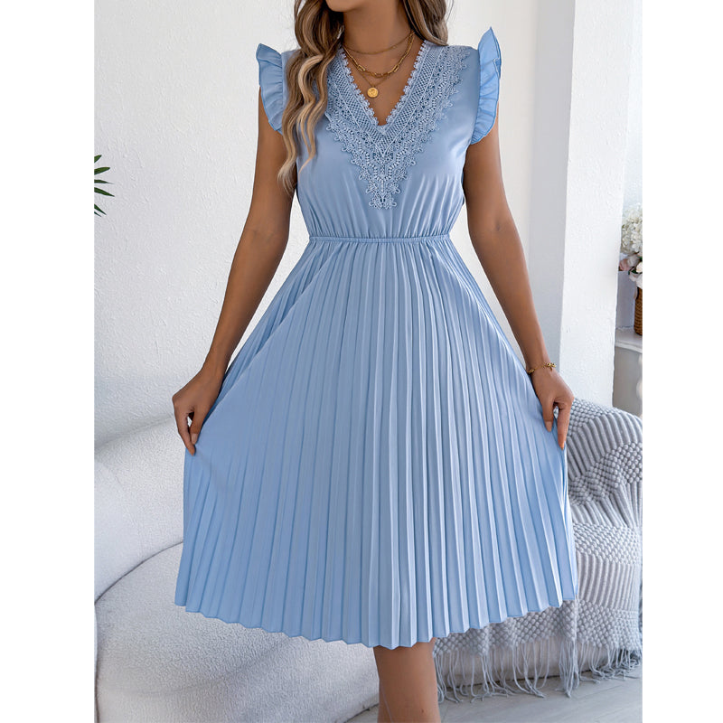 Quorielle - Robe midi femme plissée avec dentelle et col V