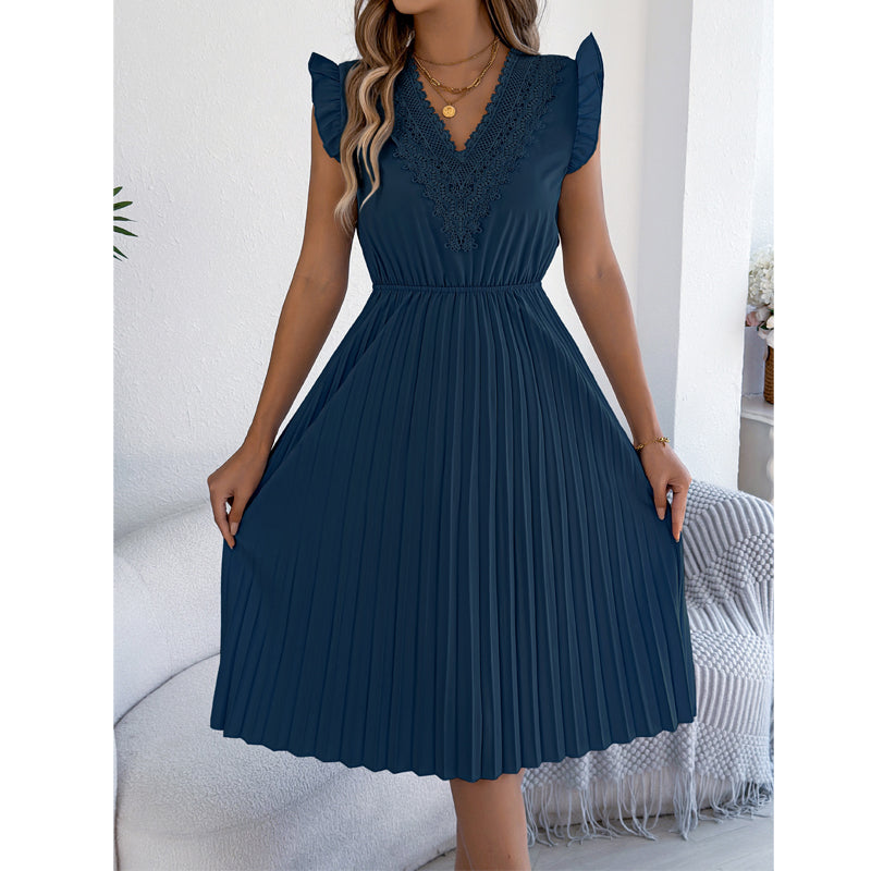 Quorielle - Robe midi femme plissée avec dentelle et col V