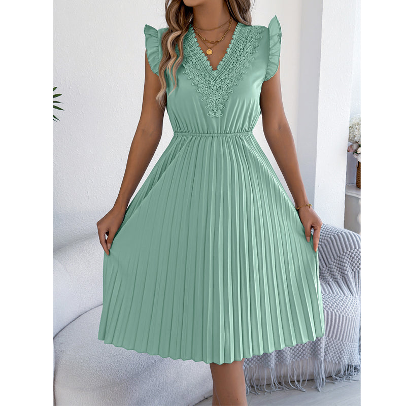 Quorielle - Robe midi femme plissée avec dentelle et col V