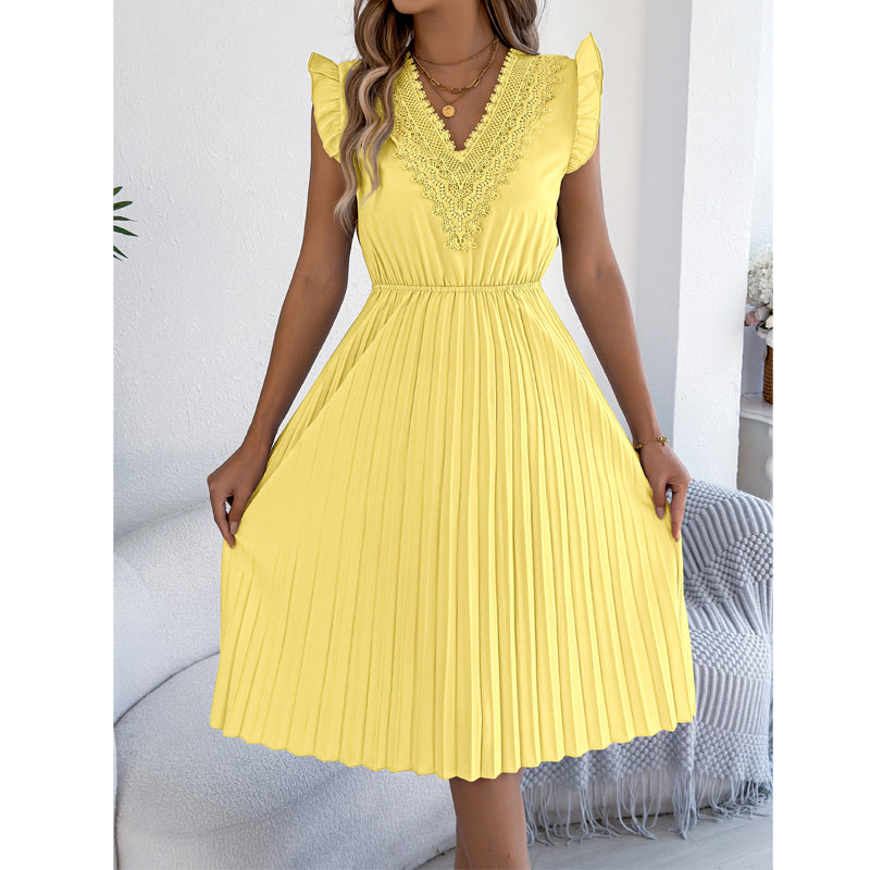 Quorielle - Robe midi femme plissée avec dentelle et col V