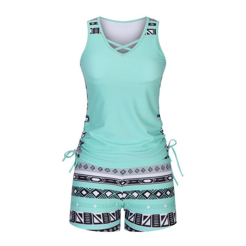 Tovienne™ - Tankini femme deux pièces col V shorts imprimé géométrique
