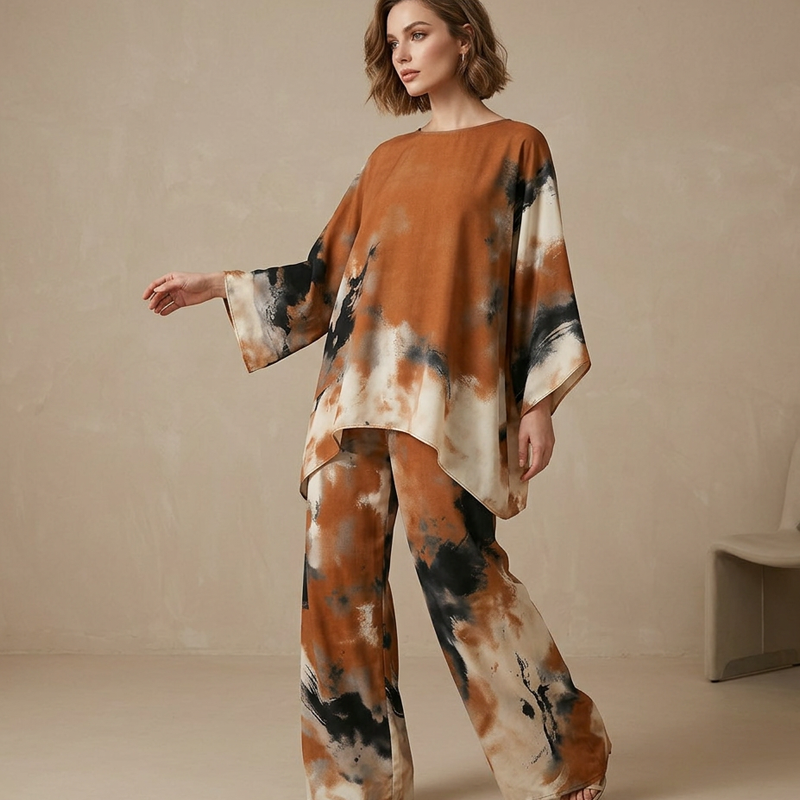 Falvynna™ - Ensemble femme deux pièces imprimé abstrait tunique oversize pantalon large