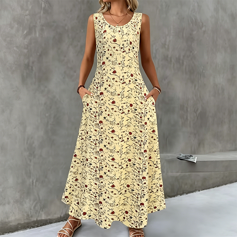 Karielle - Robe longue femme fleurie sans manches avec poches