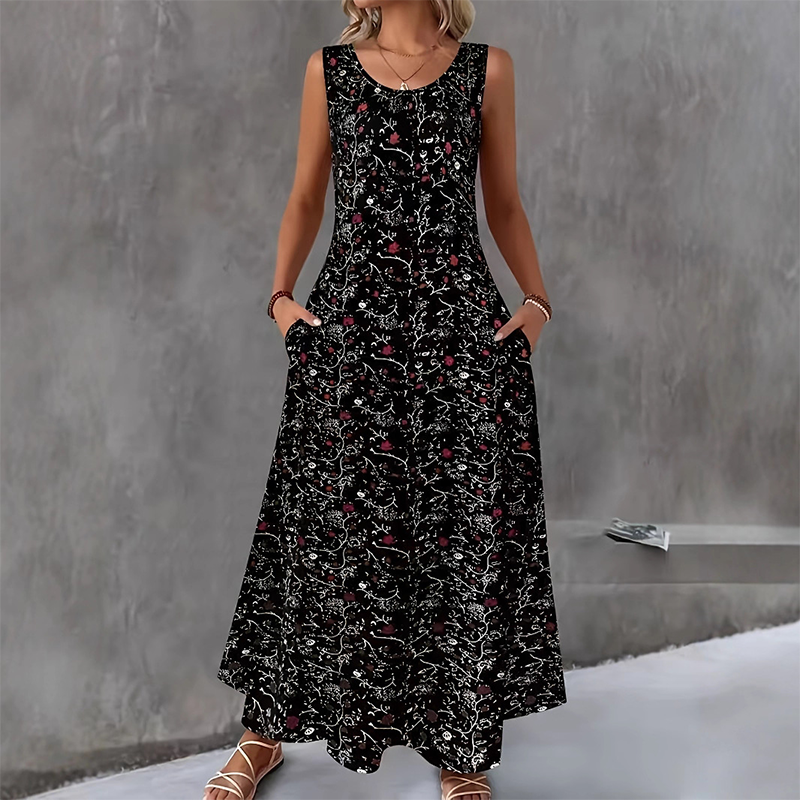 Karielle - Robe longue femme fleurie sans manches avec poches