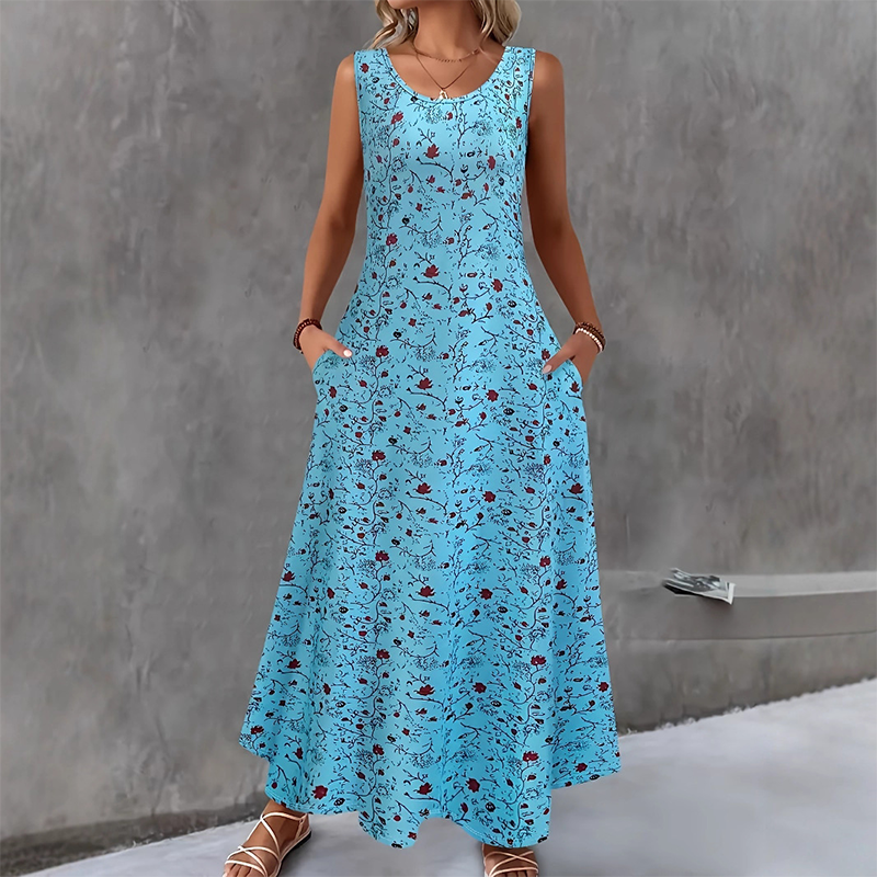 Karielle - Robe longue femme fleurie sans manches avec poches