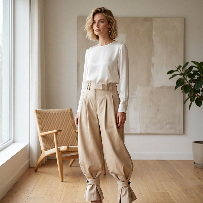 Liesbeth - Pantalon femme plissé avec poignets volantés