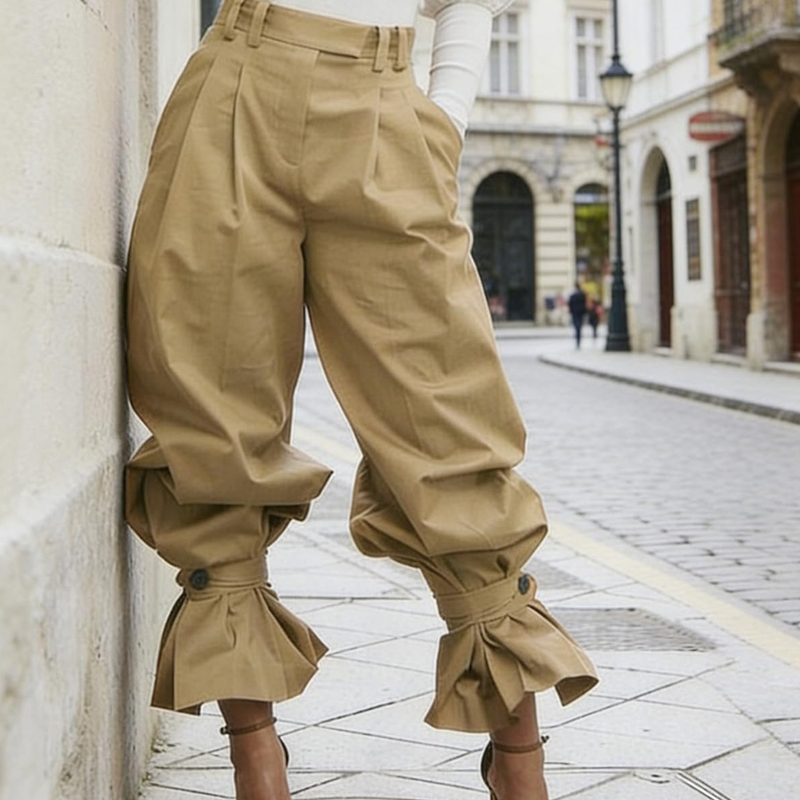 Liesbeth - Pantalon femme plissé avec poignets volantés