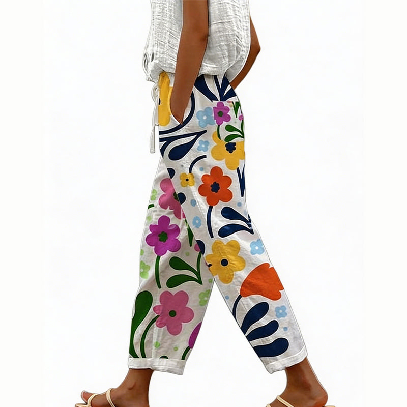 Loritha - Pantalon femme court à imprimé floral avec cordon