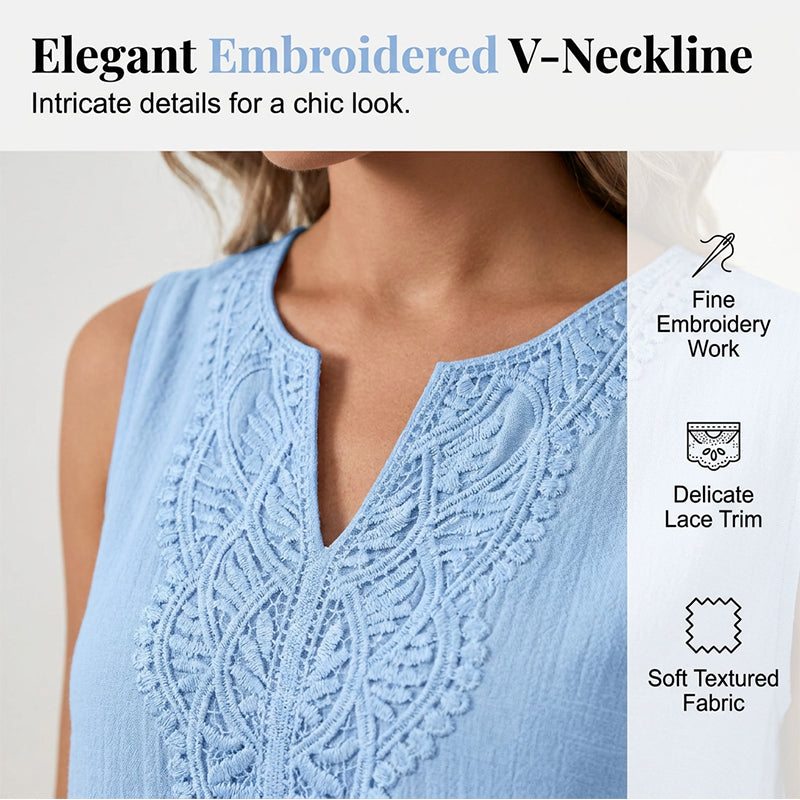 Faelisse - Robe d’été femme en coton-lin avec col V brodé