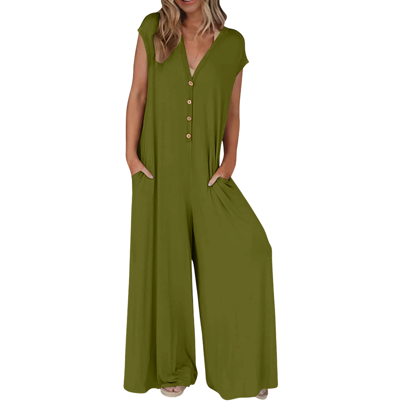 Priscena - Combinaison femme à col V avec boutons et jambes larges