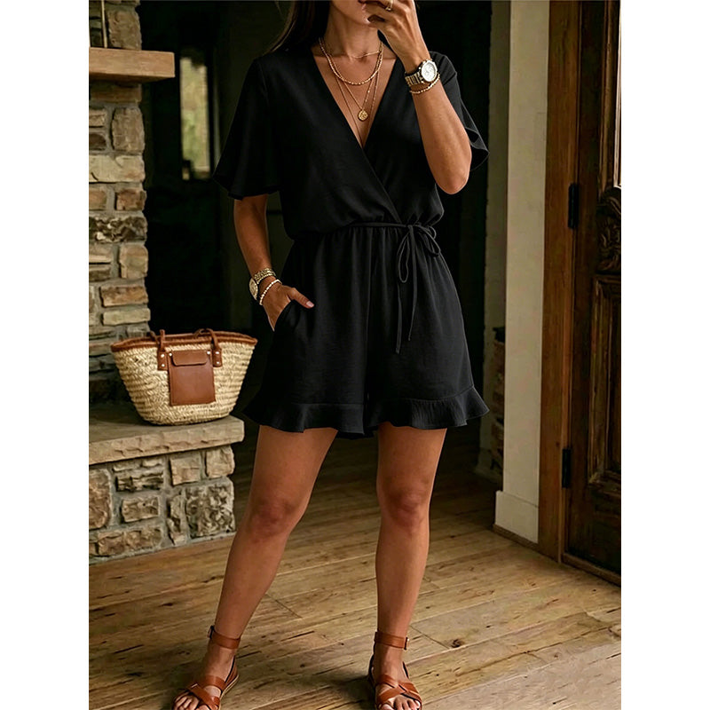 Giselia - Combishort femme col V avec volants et taille ajustable