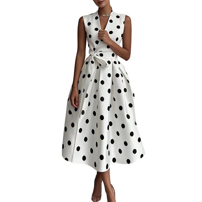 Briselle - Robe femme sans manches à pois avec col V et ceinture