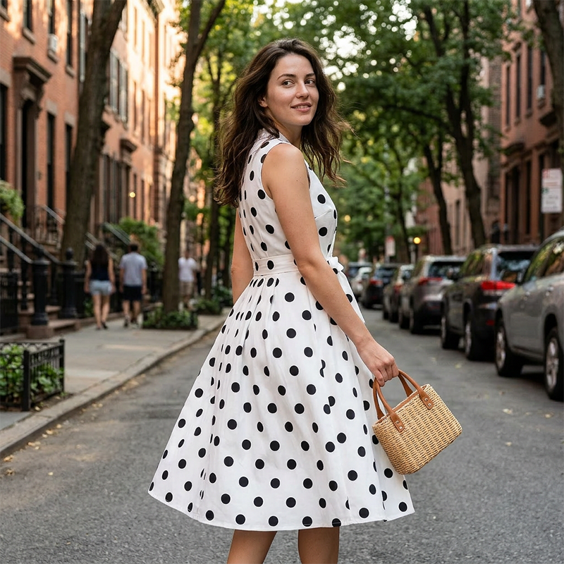 Briselle - Robe femme sans manches à pois avec col V et ceinture