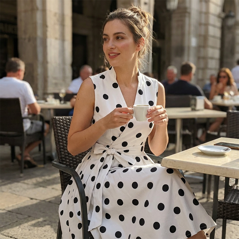 Briselle - Robe femme sans manches à pois avec col V et ceinture