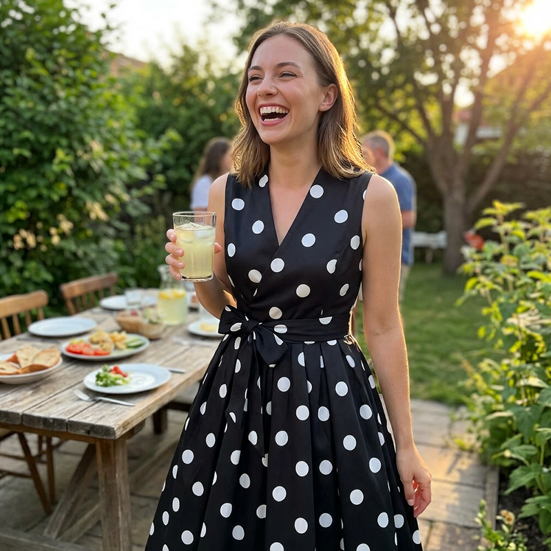 Briselle - Robe femme sans manches à pois avec col V et ceinture