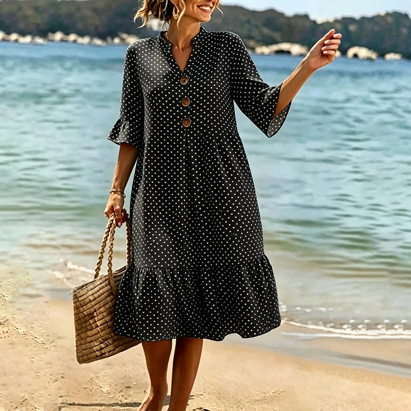 Ismere - Robe midi femme à pois avec manches volantées