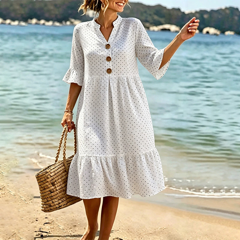 Ismere - Robe midi femme à pois avec manches volantées