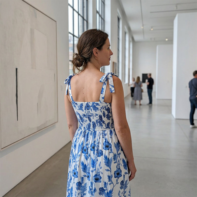 Florenne - Robe longue femme fleurie à smocks et bretelles nouées