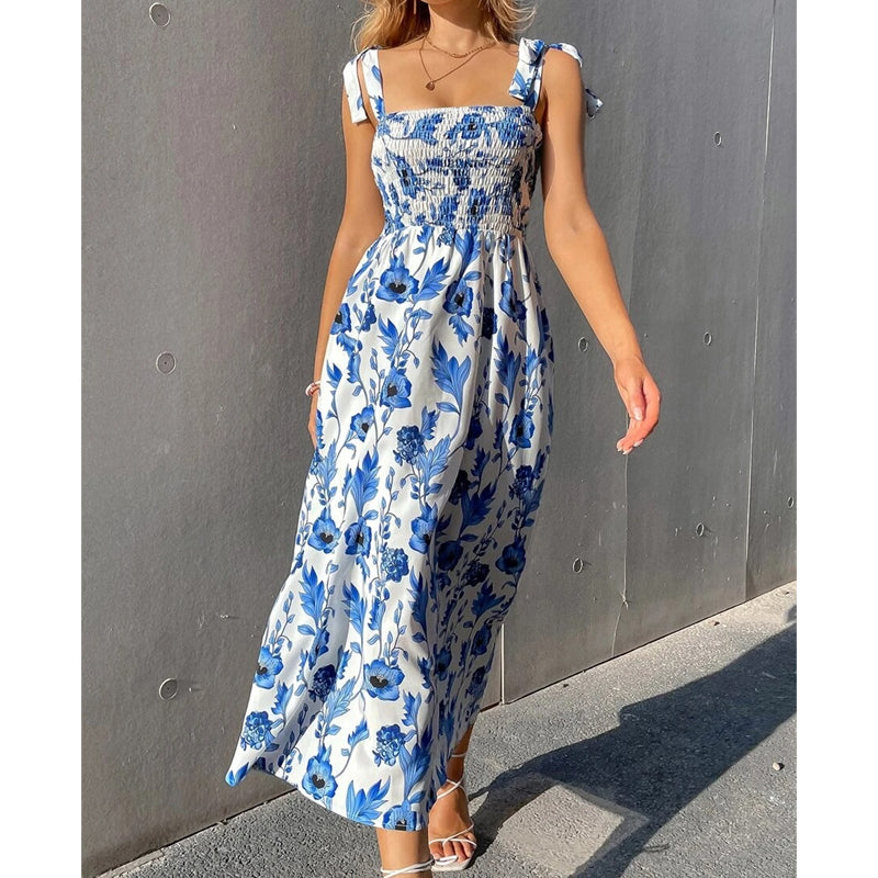 Florenne - Robe longue femme fleurie à smocks et bretelles nouées