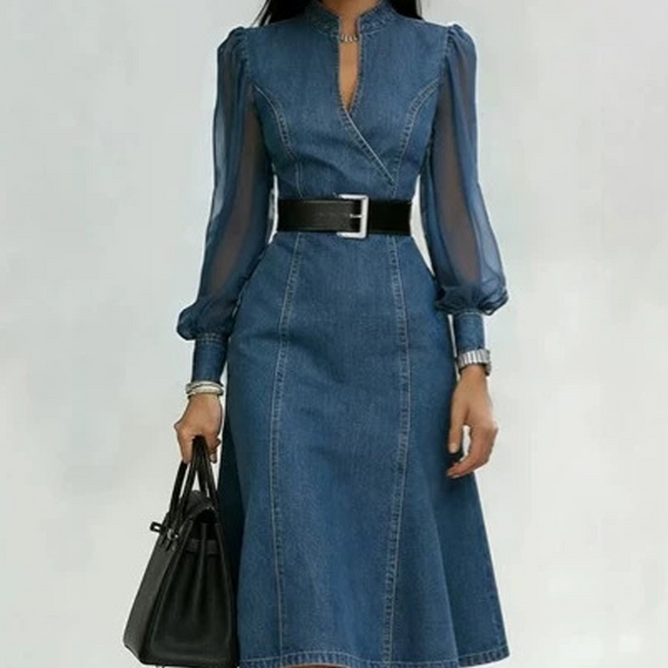 Willemieke - Robe midi femme effet denim à manches transparentes et ceinture