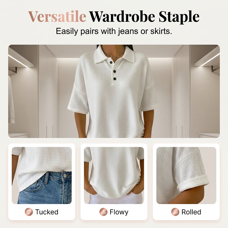 Orelina - Polo femme texturé à col boutonné coupe décontractée