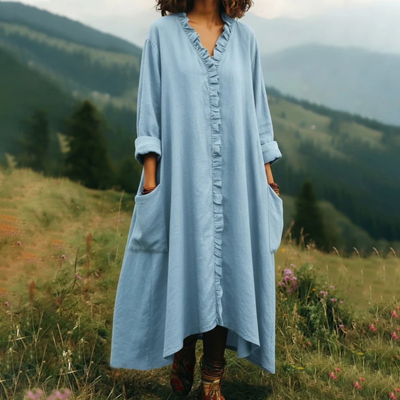 Fionelle - Robe longue femme fluide avec volants et col V