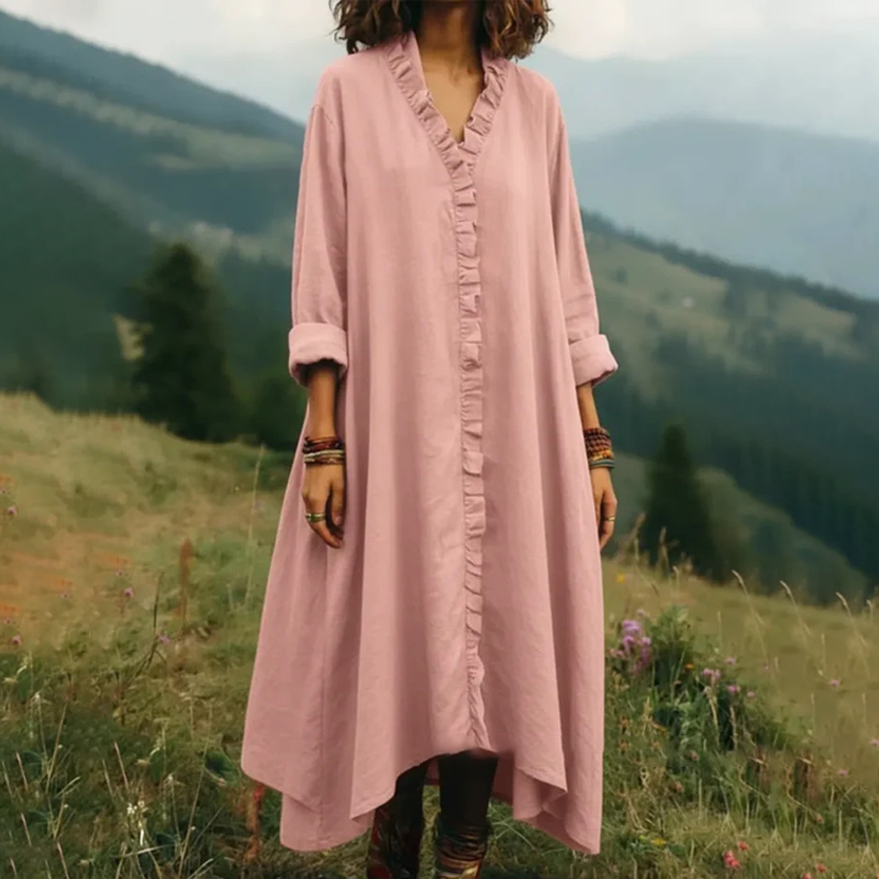 Fionelle - Robe longue femme fluide avec volants et col V
