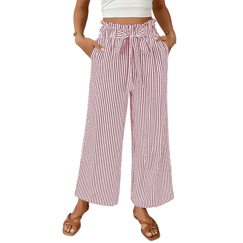 Sylena - Pantalon femme rayé taille haute à jambes larges