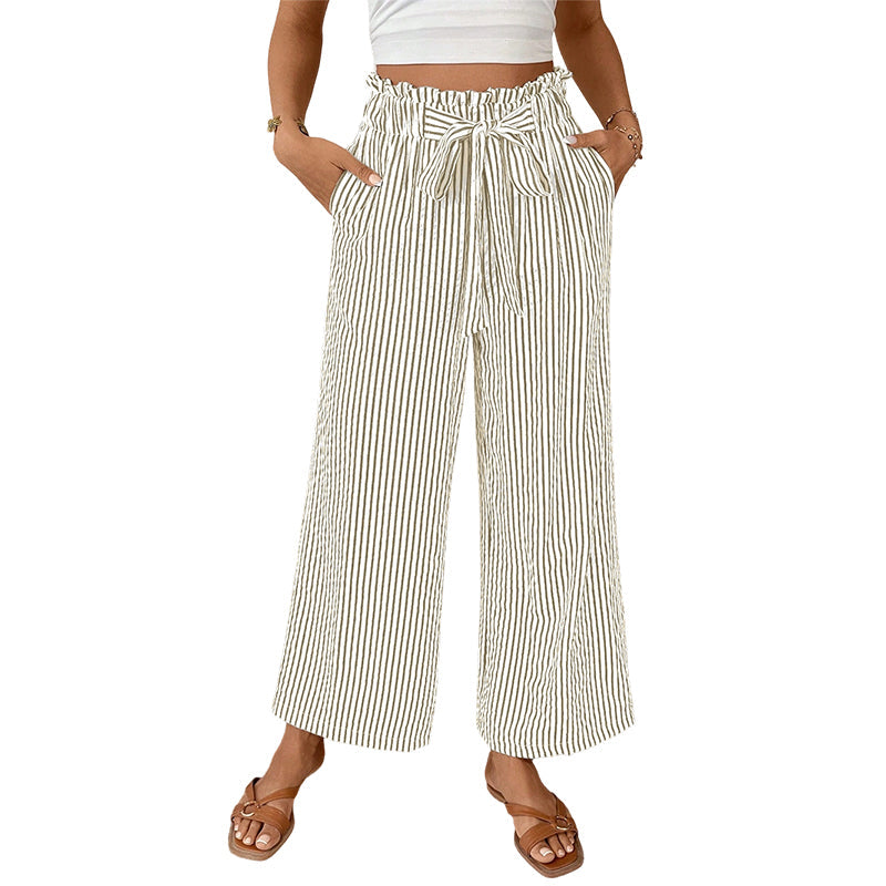 Sylena - Pantalon femme rayé taille haute à jambes larges