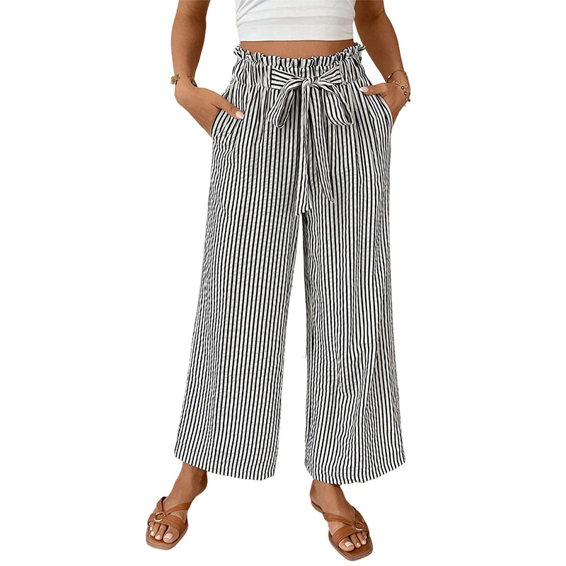 Sylena - Pantalon femme rayé taille haute à jambes larges