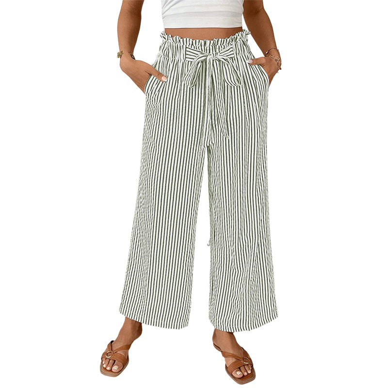 Sylena - Pantalon femme rayé taille haute à jambes larges